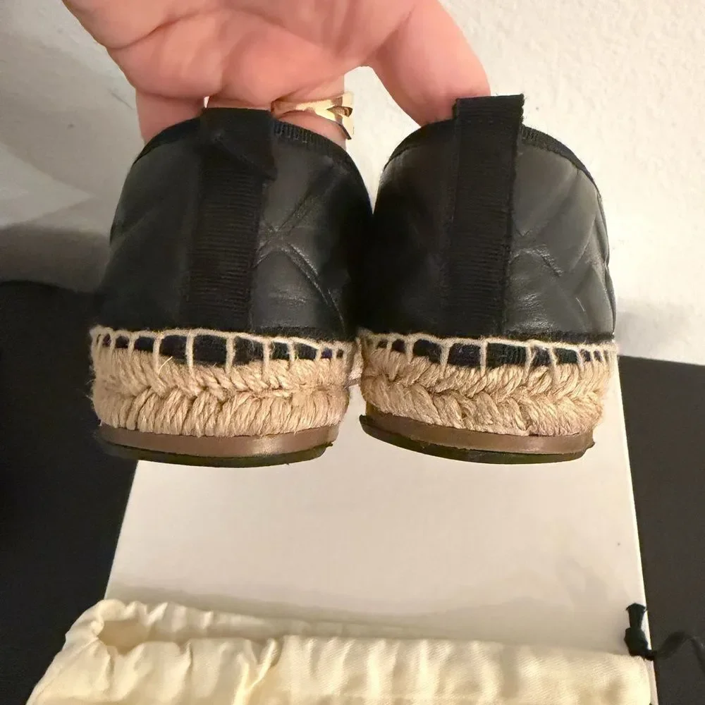 Fendi Black Leather FF Espadrille Flats Logo Jute Sole Size 36